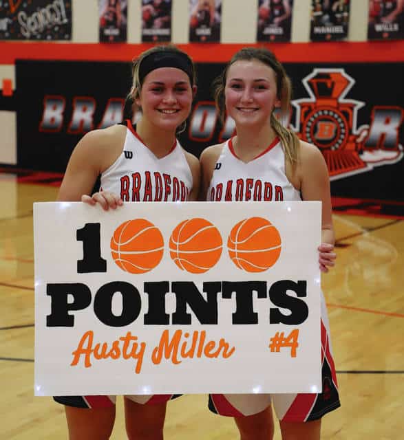 Bradford’s Austy Miller (left) scored her 1,000th point Thursday night against Twin Valley South, while Emma Canan (right) broke the school record for assists in a career. Photo Provided by Don Selanders